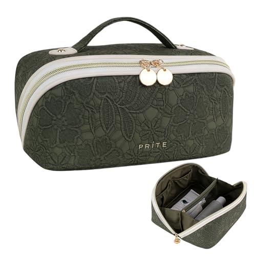 Prite Grande Capacité Trousse de Maquillage pour Femme Trousse de Toilette en Cuir PU Vanity Imperméable pour Voyage avec Séparateur Transparent et Poignée (Fleur Verte)