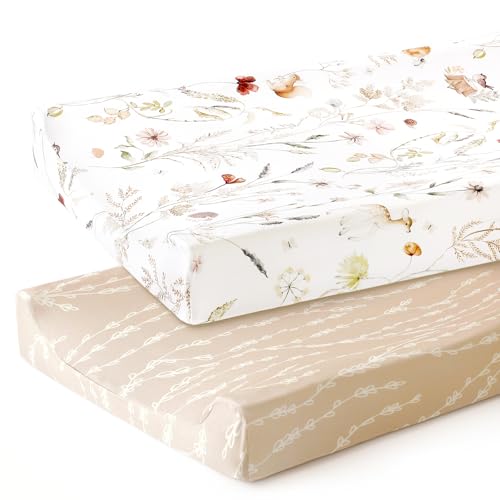 Image of GRSSDER Stretchy Ultra Soft Jersey Knit Changing Pad Cover Set 2 Pack, Stylish Breathable and Come with the Buckle Strap Holes, Universal Fitted Safe and Snug