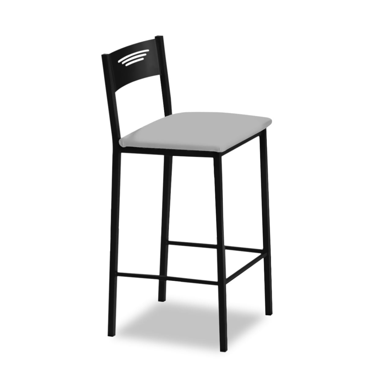 Tabouret de cuisine haut tapissé ASTIMESA gris 90 cm avec dossier et pieds en métal noir