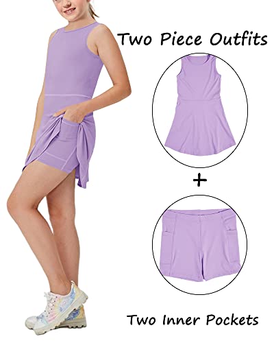 Aurgelmir Girls Crewneck Sleeveless Tennis Dresses Kids Workout Cute Outfits Tank Golf Dresses With Shorts Pocket Purple #TOP2