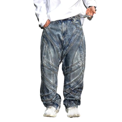 Men’S High Street Baggy Distressed Cargo Pants Button Fly Midweight Hip Hop Trendy Streetwear Full Length Jeans