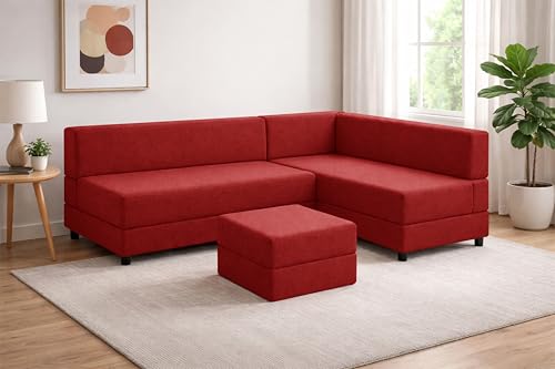 Image of Leg Sofa Cum Bed with Ottoman | Jute Fabric | Multipurpose Folding 3 Seater Sofa Bed 5x6 Ft for Living Room | Space Saving Furniture | Modern Design - Red