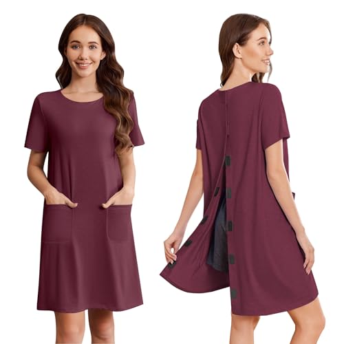 Image of Deyeek Open Back Hospital Gowns for Women Tear Away Short Sleeve Post Surgery Soft Nightgowns for Elderly Women with Pocket