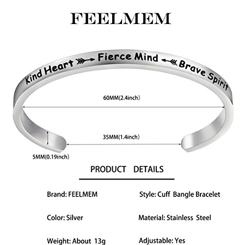 Feelmem Inspirational Bracelet Kind Heart Fierce Mind Brave Spirit Cuff Bangle Bracelet,Motivational Quotes Inspirational Jewelry Gifts For Women Girl (Silver) #TOP1