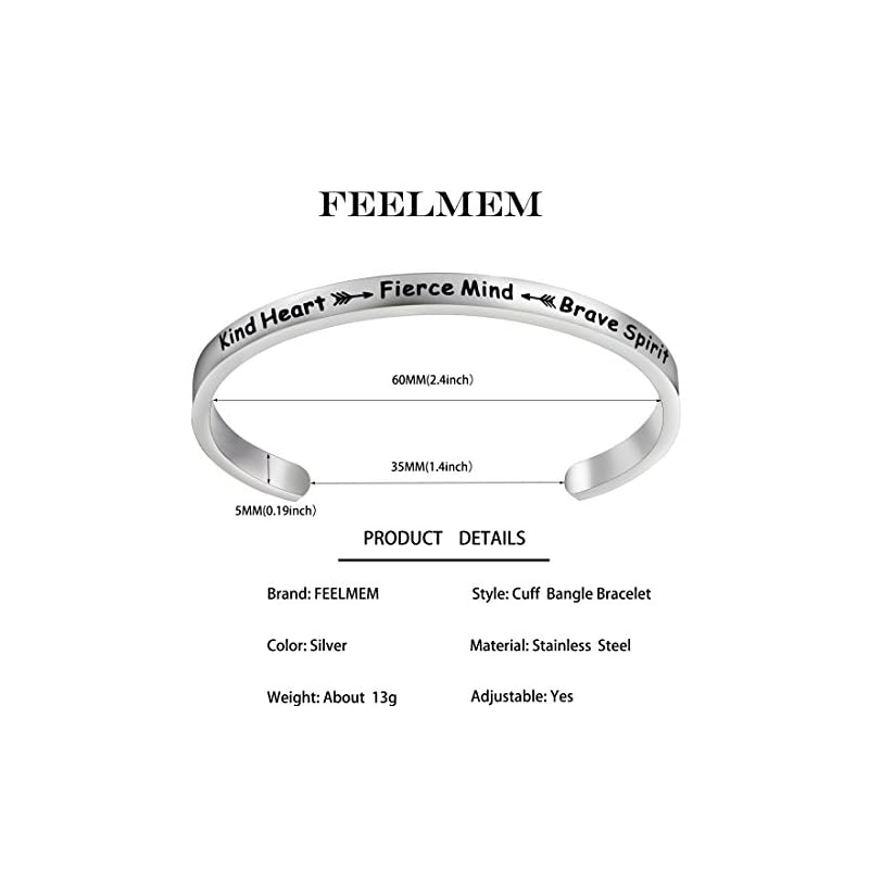 FEELMEM Inspirational Bracelet Kind Heart Fierce Mind Brave Spirit Cuff Bangle Bracelet for Best Friend Encouragement Gift - Image 3
