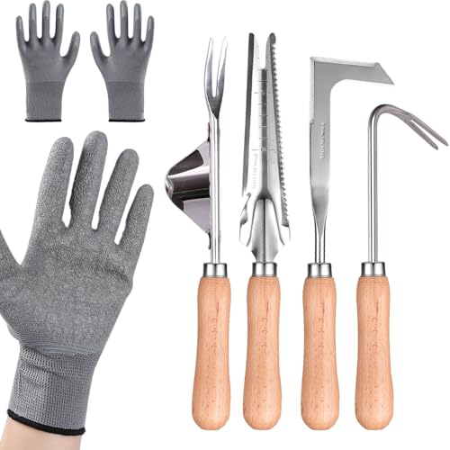 Snowtain Set 4 Pezzi Attrezzi per Diserbo in Acciaio Inox – Estirpatore a V, Zappa a 7 Denti, Coltello Dentato, Estirpatore a Forma 7 con Guanti Antiscivolo – Strumenti Manuali da Giardinaggio