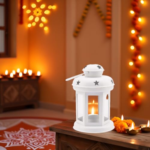 Image of Mini Metal Tea Light Lantern Set of 1 White Candle Holder Home Decor | | Perfect for Living Room, Bedroom, Pooja Space, Festive Decor, Weddings, Housewarming & Gifting Ideal for Diwali, Wedding