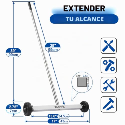 Miniatura 4 de Toolwiz Barredora Magnética De 43 Cm, Herramienta De Techo Para Césped, 4kg 8.8 Libras, Con Soporte Telescópico Y Ruedas Para Recoger Clavos, Barredora Magnética Para Construcción