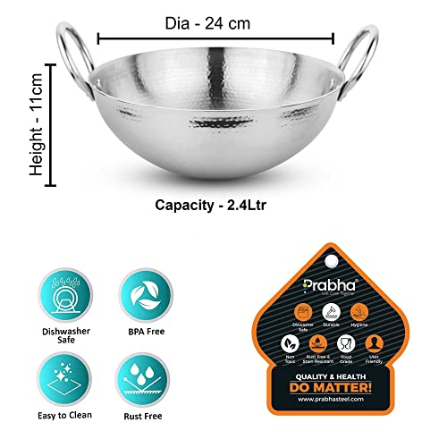 Prabha Heavy Gauge Stainless Steel Hammered Finish Kadhai, 2.4L and 24cm Diameter (Medium) - Image 2 thumbnail