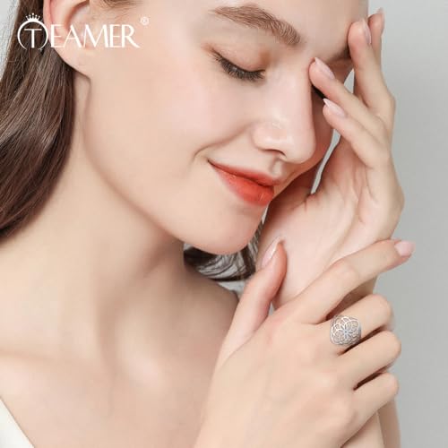 TEAMER Filigree Flower Ring Stainless Steel Elegant Bohemian Finger Ring Wedding Band Ring Exquisite Jewelry for Women2