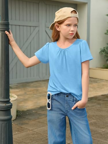 Haloumoning Girls Cross Back Shirts Kids Crewneck Puff Short Sleeve T-Shirt Cute Pleated Tops Tees 5-14 Years - Image 4