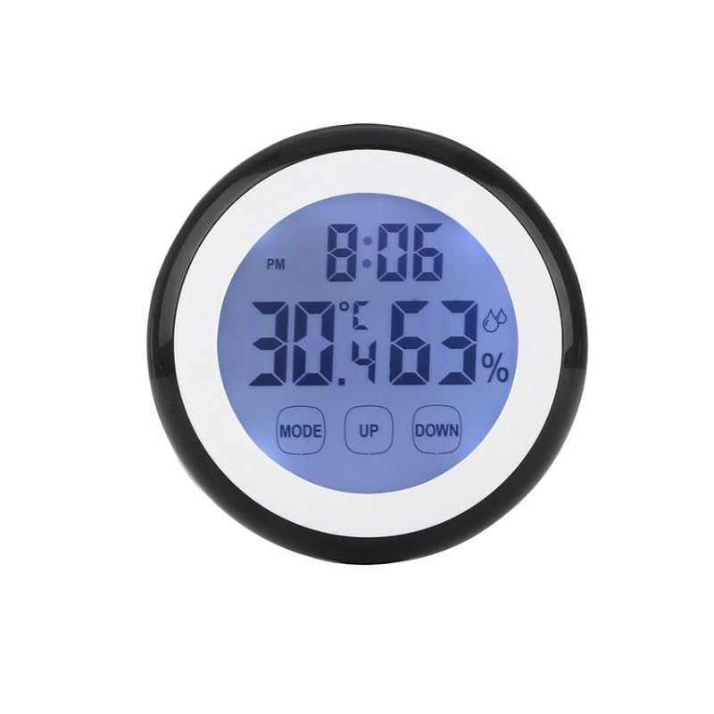 Round Touch Screen Temperature Humidity Meter with Clock Alarm for Household Use
