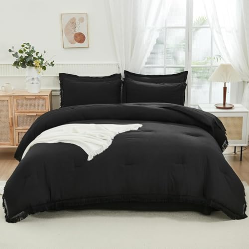 Image of Andency Oversized King Comforter Set with Sheets 120x120 Black - 7 Pieces Boho Tassel Bed in a Bag Soft Lightweight Bedding Sets, Fringe Bed Set with Comforter, Sheets, Pillowcases & Shams