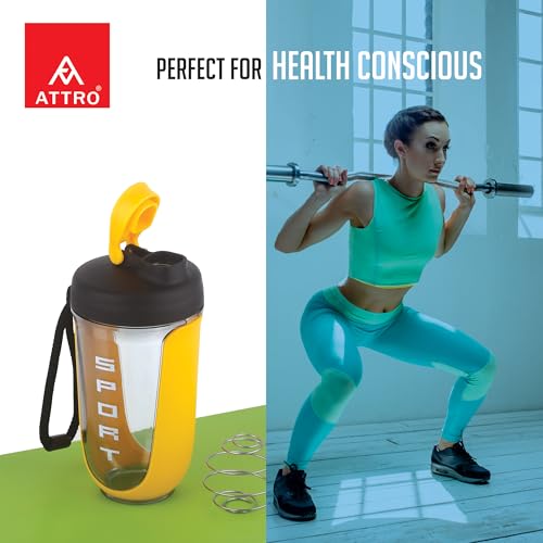 ATTRO Fit Fusion Shaker Bottle 600ml – BPA-Free Protein Mixer with Wire Whisk Ball, Leakproof Lid, Easy Carry Strap, Ideal for Gym, Fitness, Pre/Post Workout Drinks- Yellow - Image 4 thumbnail