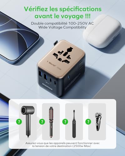 MOMAX Adaptateur Prise Universelle 70W, Adaptateur Voyage avec 2CA 3 USB C et 2 USB A, Adaptateur Universel de Voyage France vers Anglaise UK Irlande USA Canada Australie Chine Japon Thaïlande – vue 7