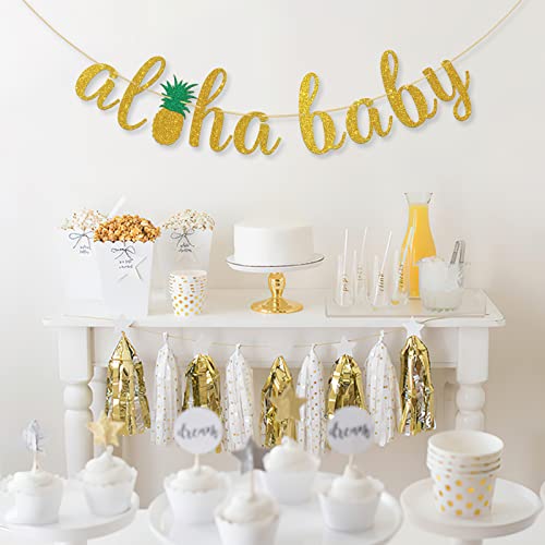 Dalaber Gold Glitter Aloha Baby Banner - Hawaiian Theme Baby Shower/Birthday Party Decorations - Summer Beach Party Decors Banner - Tropical Pineapple Baby Shower, Welcome Baby Sign Banner #TOP3