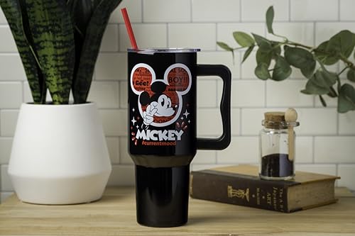Image of Silver Buffalo Disney Classic Mickey Mouse Hashtag Current Mood inch#currentmood inch Stainless Steel Tumbler with Handle and Straw, Fits in Standard Cup Holder, 40 Ounces (Pack of 12)