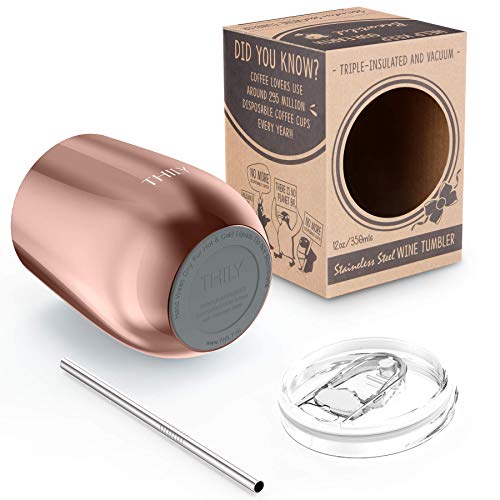 Thily Wine Tumbler Vacuum Insulated Stemless 12 Oz Triple-Insulated Stainless Steel Wine Glass With Lid And Straw, Keep Cold For Coffee, Cocktails, Rose Gold #TOP3