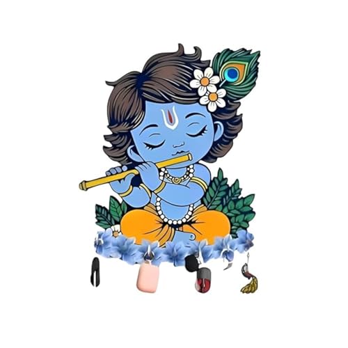 Image of JIVAY Baby Krishna Decorative Wall Mounted Key Holder for Home | Wooden Key Hanger with 7 Hooks | Designer Key Stand for Living Room, Entrance & Office | Home Decor Gift Item (Blue Krishna Key Holder)
