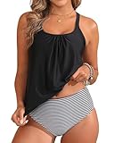 Tempt Me Black Stripe Blouson Two Piece Tankini Swimsuits for Women Tummy Control Bathing Suits with Bottoms Modest Loose Fit Swimwears L