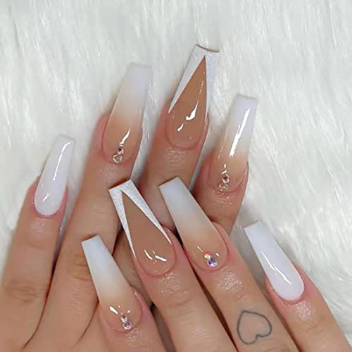 Bramian Lot de 24 faux ongles longs et brillants en forme de cercueil ballerine à coller sur les ongles pour femmes et filles Cover