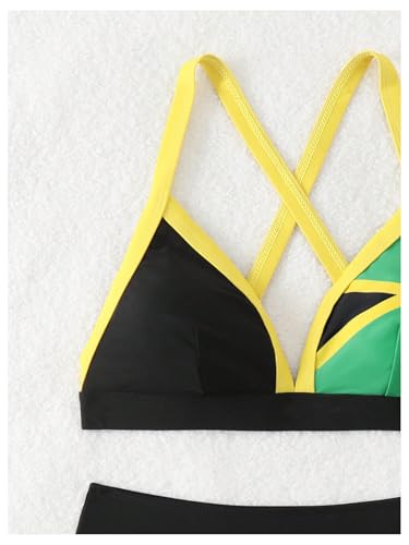 GORGLITTER Women's Triangle Jamaica Swimsuits Color Block High Waisted Bikini High Cut Thong Bathing Suit3