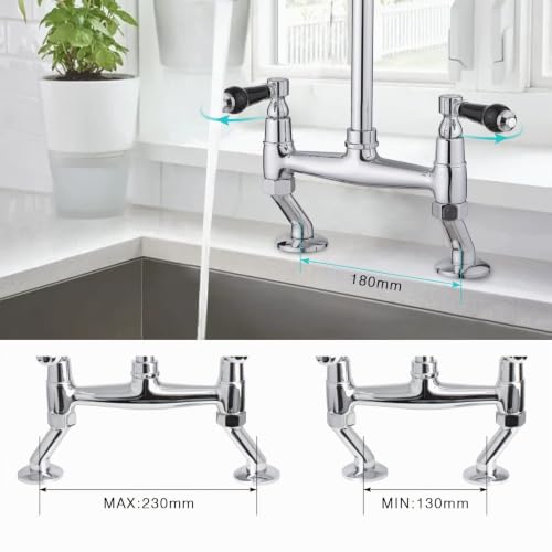 JASSFERRY Robinet mitigeur traditionnel en céramique noire avec poignées à levier montées sur le plateau monobloc classique 2 trous pour évier de cuisine chromé avec bec pivotant – vue 5