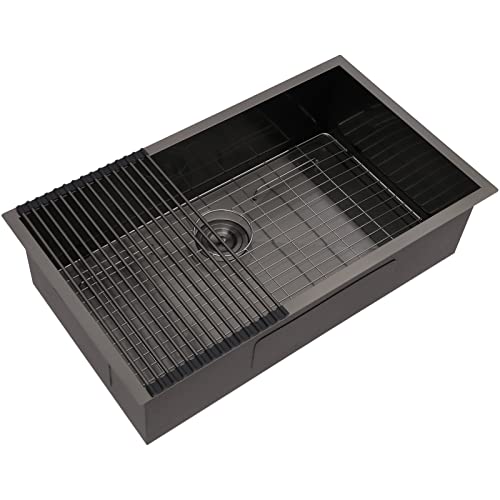 Couoko Küchenspüle, 32 Stück, schwarz, 81,3 cm, Edelstahl, Küchenspüle, Gunmetal Black Unterbauspüle, 18 Gauge, tiefe Einzelschüssel, Küchenspüle Cover