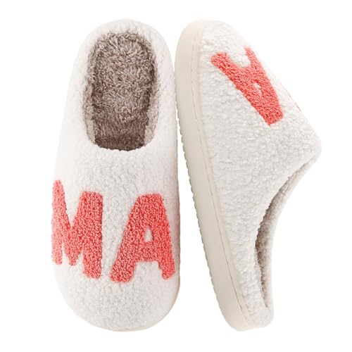 Gainheart Cute Mama Slippers for Women Men Fuzzy Cozy Mothers Day Slippers Mom Birthday Slippers Indoor Outdoor Shoes white 40-41