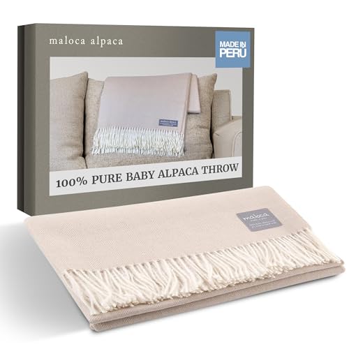 Maloca Alpaca - 100% Baby Alpaca Wool Herringbone Weave - Limited Production Ethically Sourced Throw Blanket Warmer Than Wool - Decorative Comfy Blanket for Couch, Sofa, or Beds - Off-White/Cream