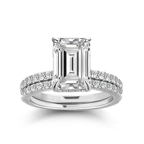 RODIFFY 3.0CT Emerald Cut Bridal Wedding Ring Set for Women,S925 Silver AAAAA Grade CZ Elegant Engagement Ring & Wedding Band (Silver, 9)