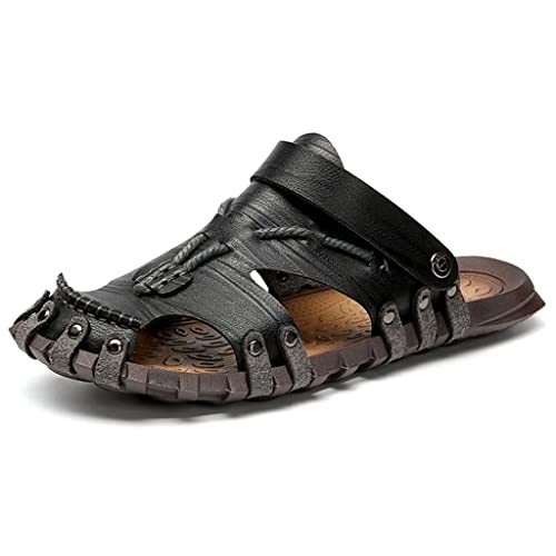 Men Leather Sandals Baotou Slippers Genuine Leather Casual Sandals Non Slip Outdoor Beach Vacation Sandals(46)