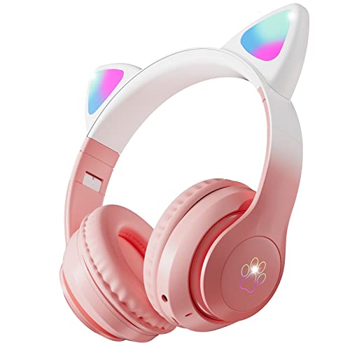 OHAANYY Casque Bluetooth sans Fil,Casque Audio Enfant Bluetooth5.3 Oreille de Casque Chat Pliable avec Microphone Stéréo,avec HD Microphone/Lumières LED pour Smartphone,iPad,Tablet,Ecole (Rose) Cover