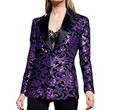 PYJTRL Women's Plus Size Luxury Baroque Floral Embroidery with Sparkling Sequins Formal Evening Jacket Blazer,Purple,L