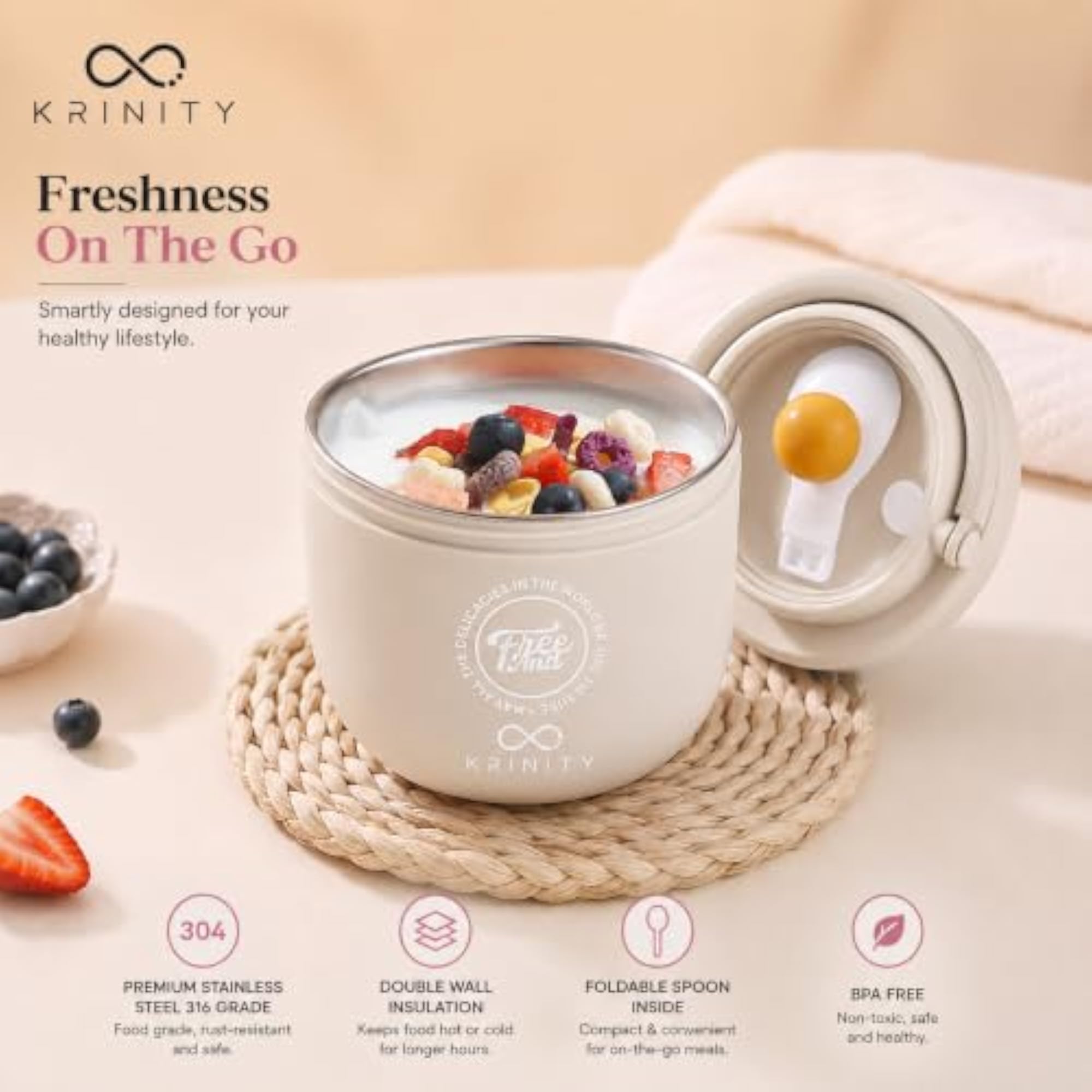 Kids Bento Snack Box, Double Wall Insulated Lunch Box with Spoon