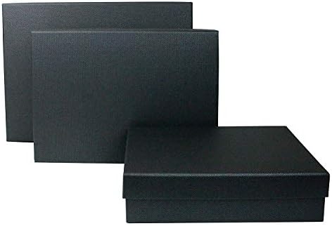 Emartbuy Set of 3 Rigid Luxury Rectangle Shaped Presentation Gift Box, Black Box with Lid, Brown Interior and Gold Satin Decorative Ribbon