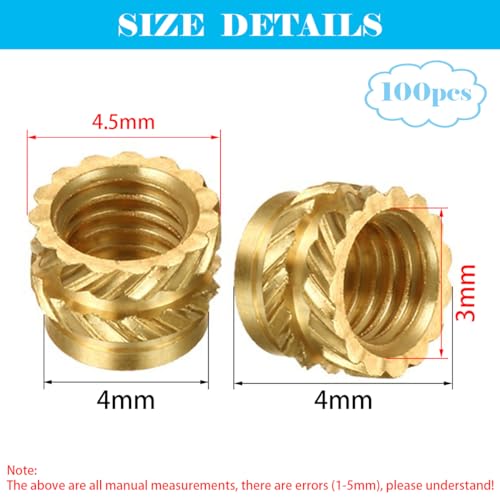 Brass Insert Nuts, Dujelixa 100Pcs 3d Printing Brass Nuts M3 * 4 * 4.5mm, Injection Nut, Thread Knurled Heat Embedment Nut - Image 2
