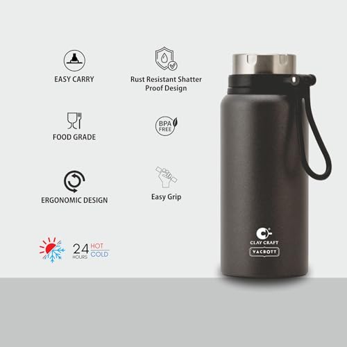 Image of CLAY CRAFT VACBOTT Topaz Uno Double Walled|18 Hours Hot and 24 Hours Cold Vacuum Insulated|Thermosteel|Flask Bottle 900 ml Steel Bottles for Travelling|BPA-Free|BIS Certified|1Year Limited Warranty