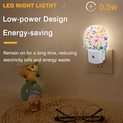 Image of Night Lights Plug into Wall Watercolor Floral Night Light Dusk to Dawn Smart Sensor Decorative Round Led Lamp for Bedroom Kitchen Hallway Nightlight for Women Men