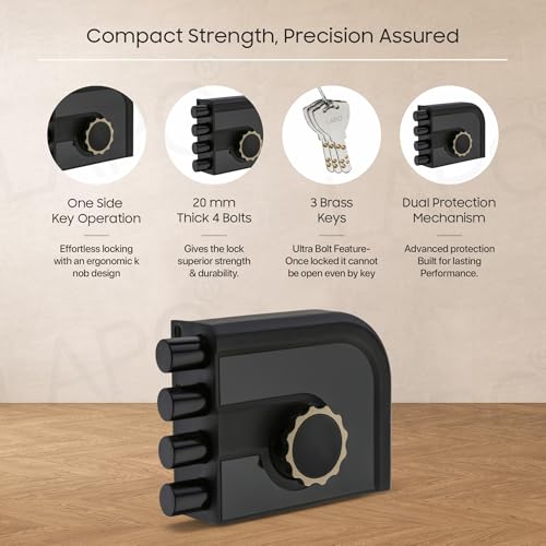 Image of LAPO Mega Bolt Main Door Deadbolt Lock, Heavy Duty Four Bullet Security Door Lock, One Side Key Mechanism, Universal Fit for Right & Left-Hand Wooden Doors, 3 Years Warranty(Black Finish)