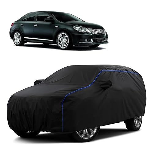 Image of Sulfar 100% Water Resistant Car Body Cover Compatible with Mirror for Maruti Suzuki Kizashi (Triple Stitched, Full Bottom Elastic, Black Tafetta with Blue Piping)