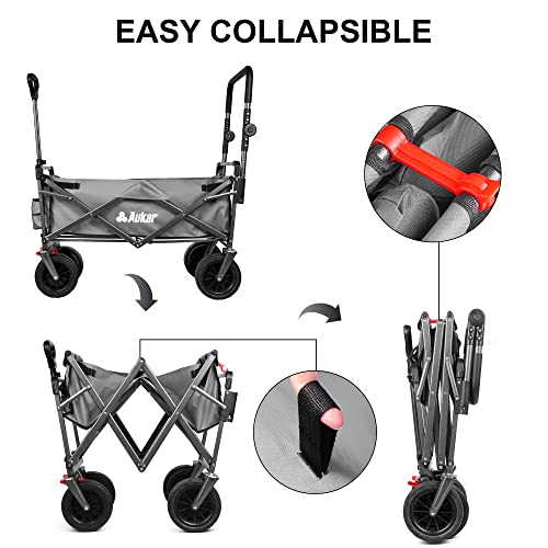 Aukar Collapsible Canopy Wagon - Heavy Duty Utility Outdoor Foldable Garden Cart - With Adjustable Push Pulling Handles,Big Wheels For Sand, For Shopping, Picnic, Camping, Sports - Grey #TOP5