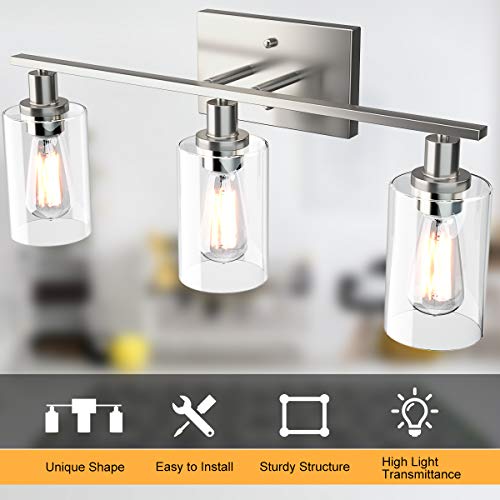 Tangkula 3-Light Bathroom Vanity Light Fixtures, Modern Wall Sconces With Clear Glass Shade With E26 Base, Silver Brushed Wall Lighting, Wall Lamps For Mirror Living Room Bedroom Porch Hallway #TOP7