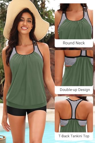 Image of Yonique Two Piece Tankini Bathing Suits T-Back Blouson Swim Tops with Boy Shorts Women Swimsuits Sporty Swimwear