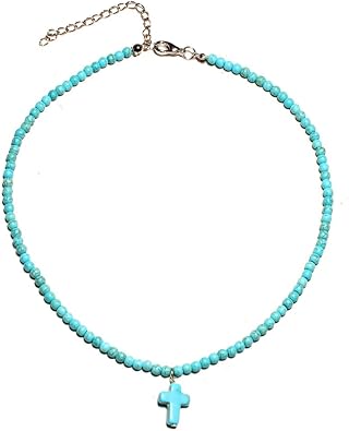 Natural Stone Cross Necklace for Women Boho Turquoise Beaded Chain Necklace Dainty Small Cross Pendant Necklace Christmas Jewelry Gift