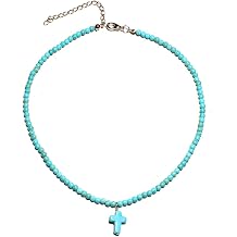 Natural Stone Cross Necklace for Women Boho Turquoise Beaded Chain Necklace Dainty Small Cross Pendant Necklace Christmas Jewelry Gift