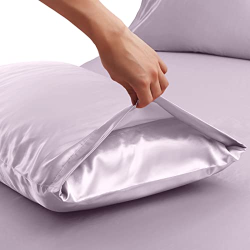 Image of Ersmak 4 Pieces Satin Sheets Set Twin Size, Luxury Silky Lavender Satin Bed Sheets Set with 1 Deep Pocket Fitted Sheet, 1 Soft Flat Sheet, 1 Queen Pillowcases and 1 Body Pillowcase