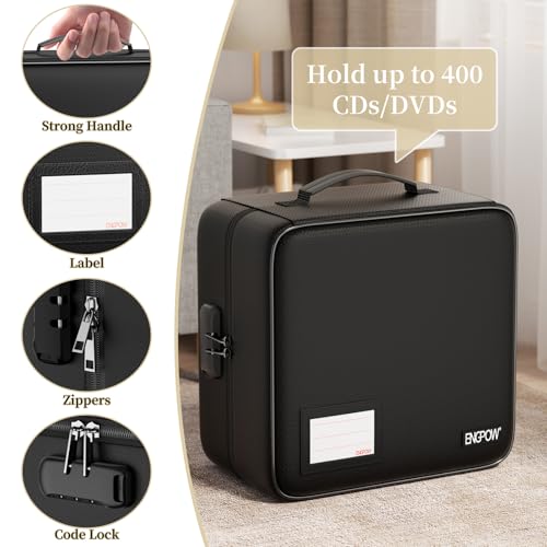 Image of ENGPOW CD /DVD Storage Case with Lock,Fireproof CD /DVD Case Binder,400 Capacity CD Organizer Binder DVD Storage Holder with Zipper&Handle,Portable Storage Binder Safe for Home Office Travel Car,Black