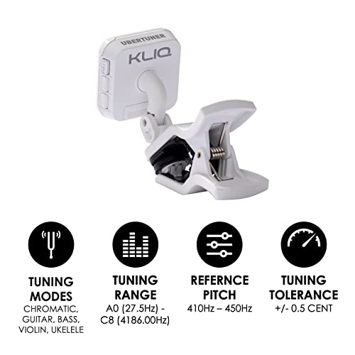 Image of KLIQ UberTuner Clip On Guitar Tuner - White | Fast & Accurate Chromatic Tuner for Acoustic & Electric Guitar, Bass, Ukulele, Violin, Mandolin, Banjo - Multi-Instrument Use