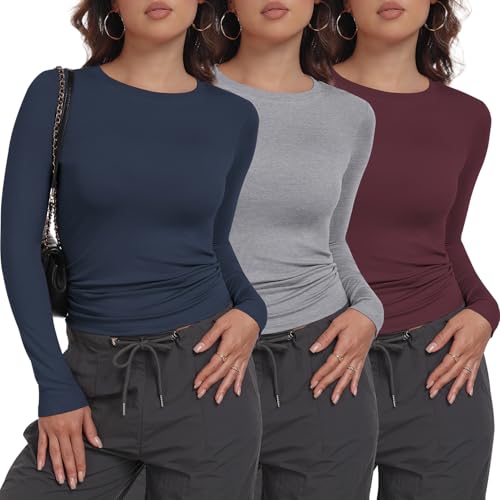 miijoory Paquete de 3/5 camisetas de manga larga para mujer, cuello redondo, básicas, ajustadas, estilo Y2K, ombligueras, informales, para salir, ropa elástica, Paquete de 3: rojo oscuro, azul marino